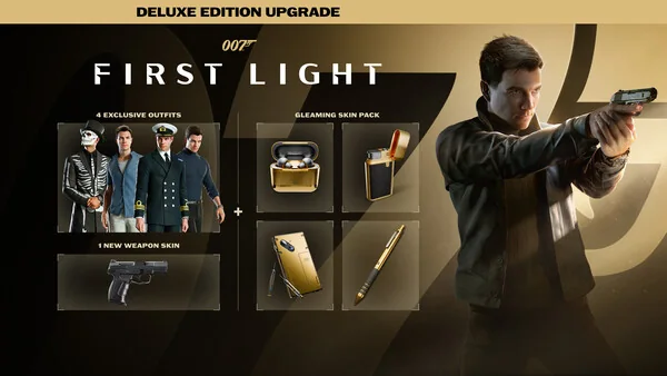Official Steam DLC artwork showing four exclusive outfits, gadget skins, and one weapon skin