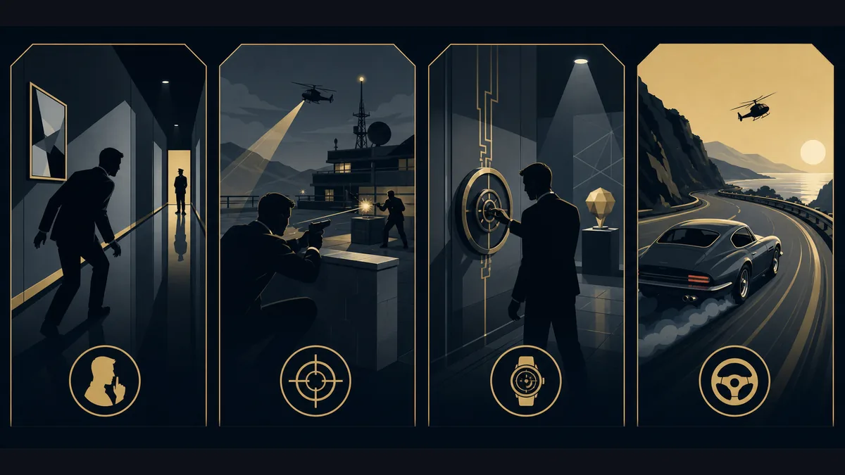 Editorial comparison image showing stealth, action, gadget, and driving gameplay styles for 007 First Light