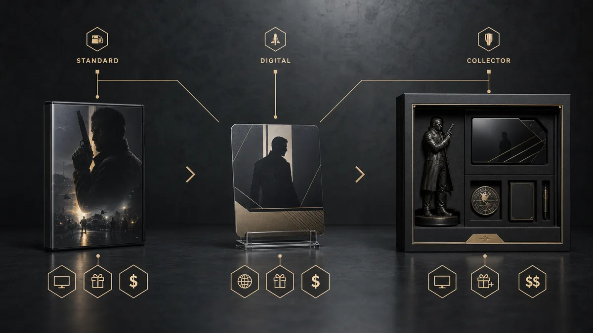 Editorial comparison graphic showing standard, digital, and collector buying paths for 007 First Light editions