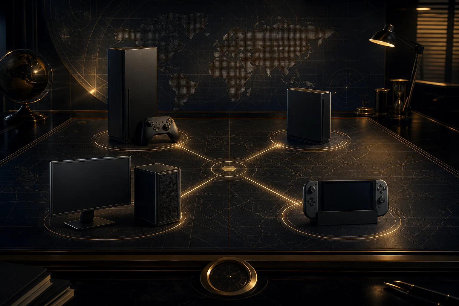 Editorial illustration comparing console, PC and handheld platform choices for 007 First Light