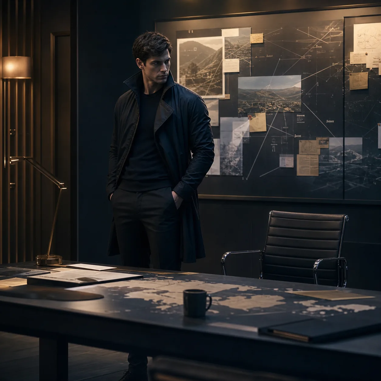 Editorial concept illustration of one spy at a briefing table with an empty second chair