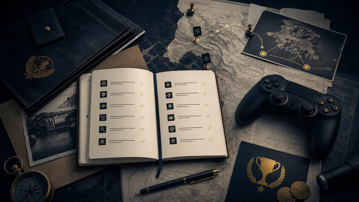 Editorial 007 First Light trophy guide artwork with a spy desk, trophy checklist, controller, and mission map
