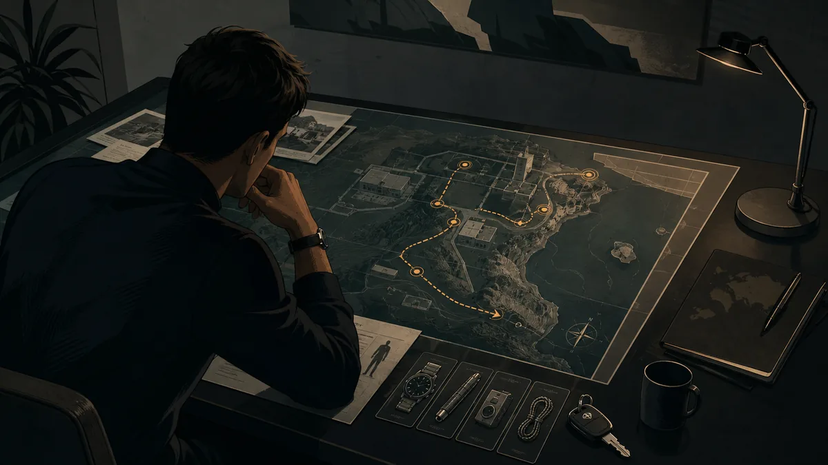 Editorial mission planning illustration for a 007 First Light walkthrough with a spy studying routes on a briefing map